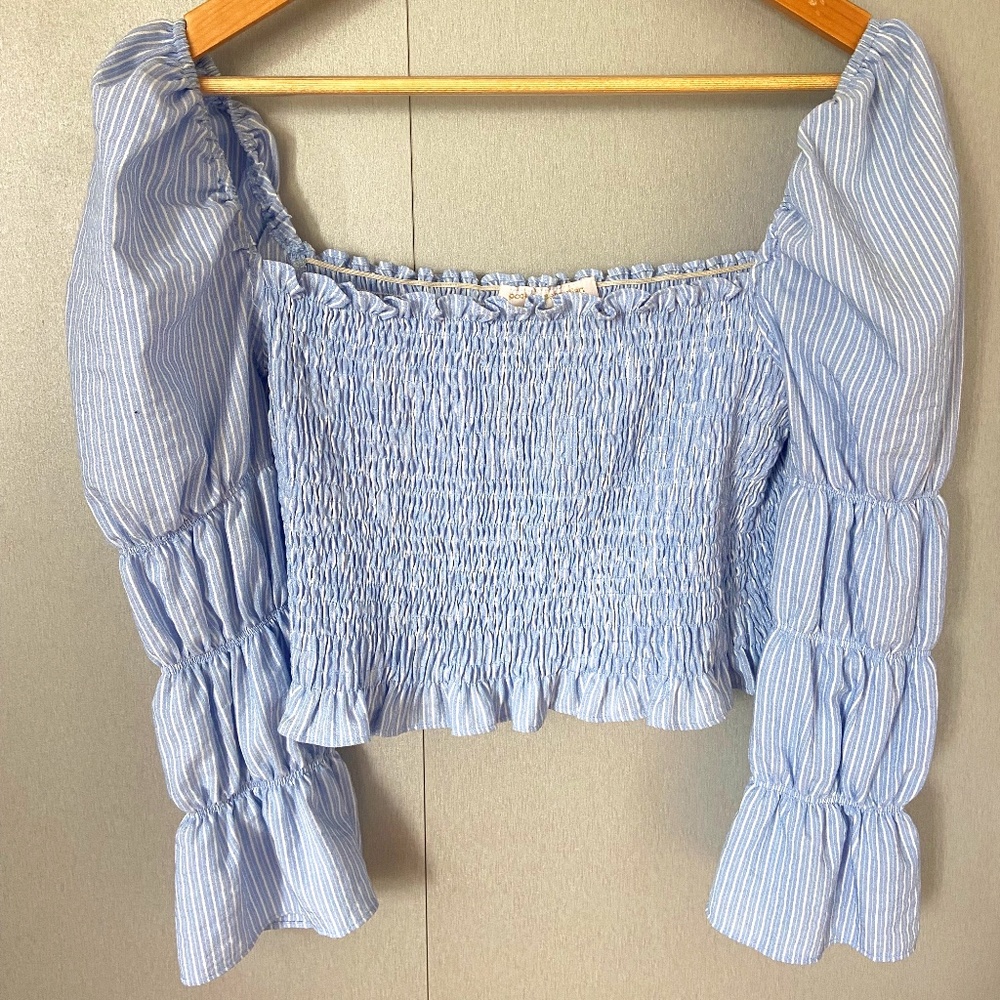 Off shoulder cropped blue and white stripe romantic top
